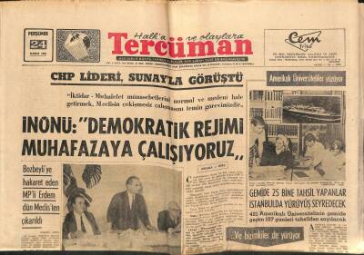 Tercüman Gazetesi 24 Kasım 1966 - İnönü Demokratik Rejimi Muhafazaya Çalışıyoruz. - Fenerbahçe Sis Yüzünden Romanyaya Gidemedi. GZ123605 - 1