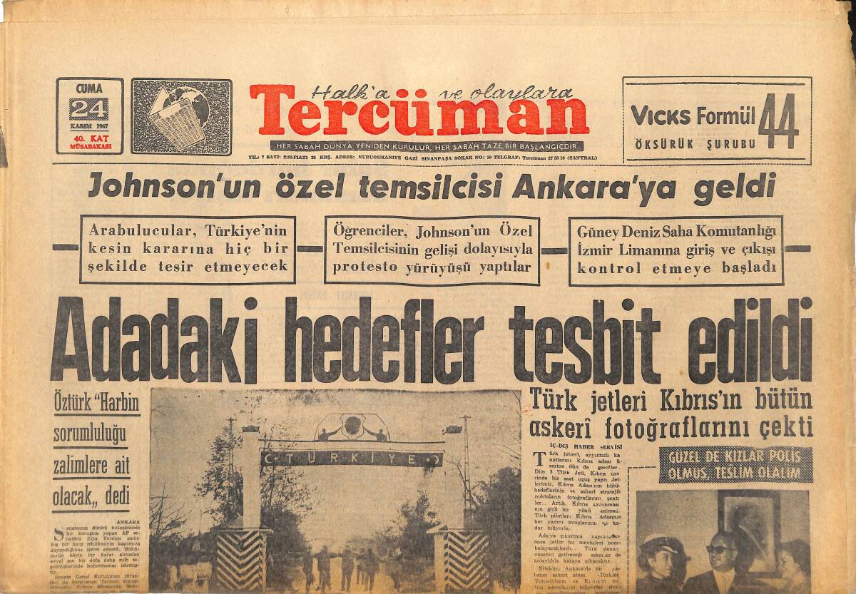 Tercüman Gazetesi 24 Kasım 1967 - Adadaki Hedefler Tesbit Edildi - Harp Çıkarsa Kıbrıs'taki Türkler İmha Edilecekmiş GZ145149 - 1
