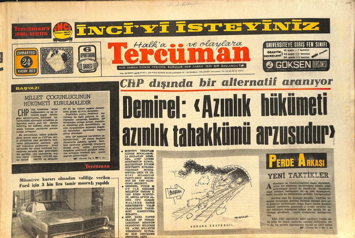 Tercüman Gazetesi 24 Kasım 1973 - CHP Dışında Bir Alternatif Aranıyor - Skylab'ın 2 Astronotu Uzayda 6,5 Saat Yürüdü GZ145561 - 1
