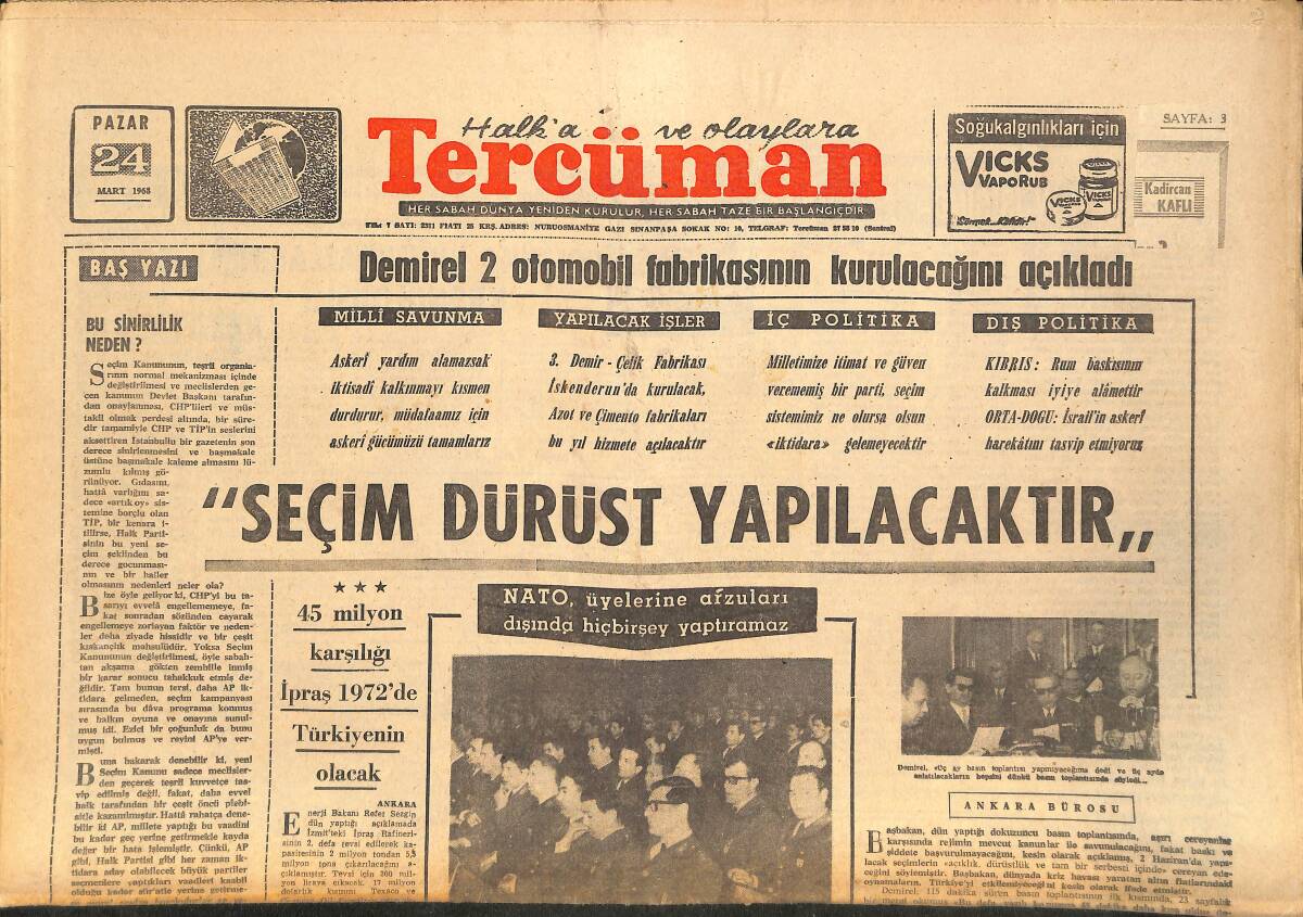 Tercüman Gazetesi 24 Mart 1968 - Demirel 2 Otomobil Fabrikasının Kurulacağını Açıkladı - 45 Milyon Karşılığı İpraş 1972'de Türkiye'nin Olacak GZ146416 - 1