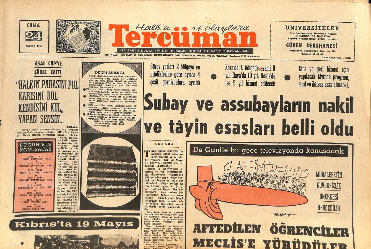 Tercüman Gazetesi 24 Mayıs 1968 - Subay Ve Assubayların Nakil Ve Tayin Esasları Belli Oldu! - Samsunspor İdare Heyeti Zor Durumda! GZ145699 - 1