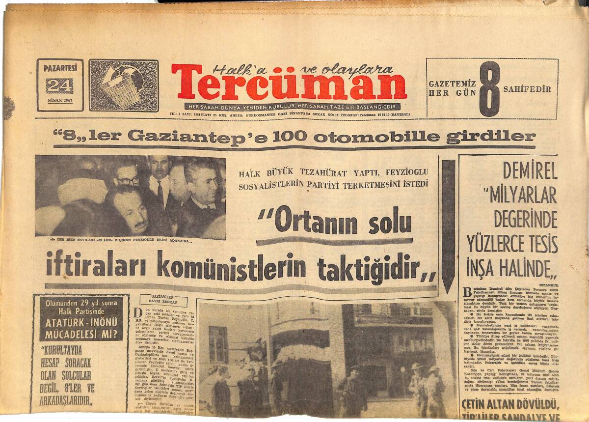 Tercüman Gazetesi 24 Nisan 1967 - 8'ler Gaziantep'e 100 Otomobiline Girdiler - Beşiktaş-H.Tepe Maçı Tehir Edildi! GZ145222 - 1