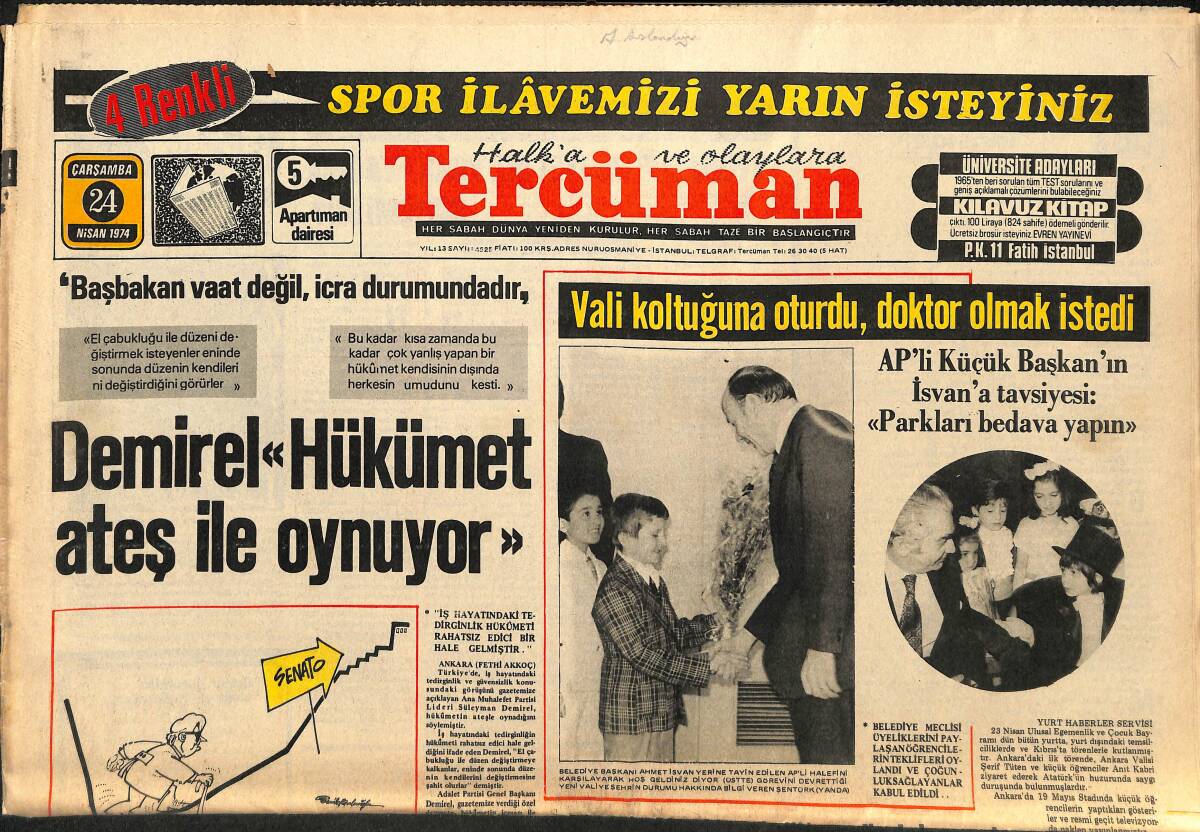 Tercüman Gazetesi 24 Nisan 1974 - Bayar'ın Cevabı Bekleniyor - Sophia Loren 23 Nisan'ı Kutladı GZ141127 - 1