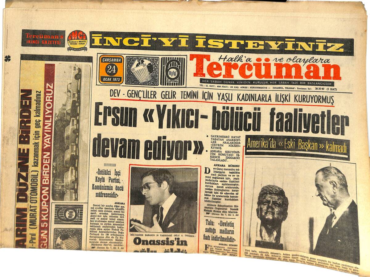 Tercüman Gazetesi 24 Ocak 1973 - Johnson Altıncı Kalp Krizi Sonunda Öldü - Fenerbahçe Ç. More Oynuyor! GZ144685 - 1