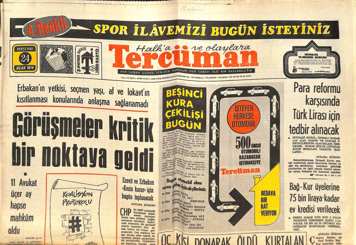 Tercüman Gazetesi 24 Ocak 1974 - Gönen'de Dokuz Dükkan Yandı - Kurtalan Treni 150 Yolcu İle Mahsur Kaldı GZ144504 - 1
