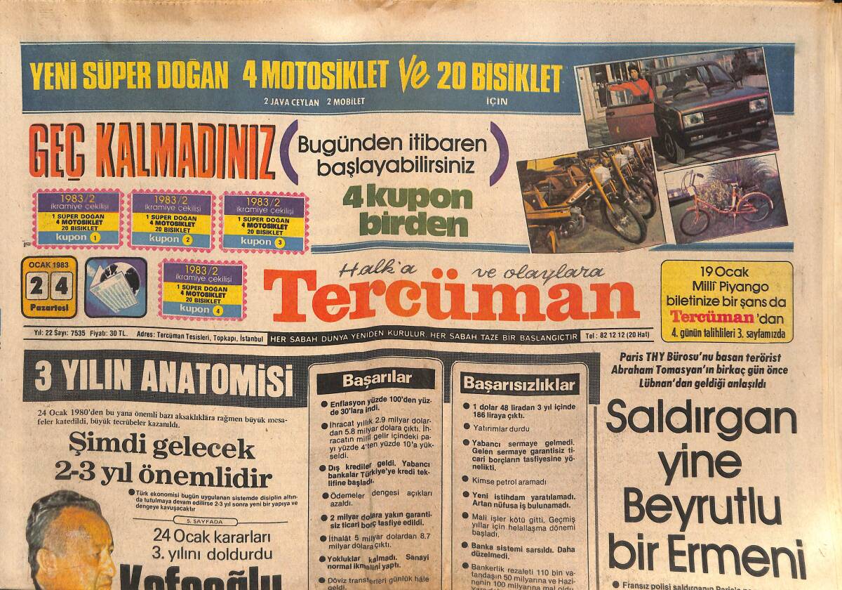 Tercüman Gazetesi 24 Ocak 1983 - Talât Paşa'nın Gurbet Anıları - Kafaoğlu '' Hedef Tek Rakamlı Enflasyon '' GZ134478 - 1