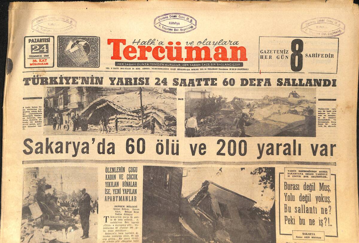 Tercüman Gazetesi 24 Temmuz 1967 - Türkiye'nin Yarısı 24 Saatte 60 Defa Sallandı - Sakarya'da 60 Ölü Ve 200 Yaralı Var GZ145322 - 1