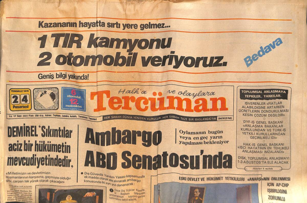 Tercüman Gazetesi 24 Temmuz 1978 - Ambargo ABD Senatosu'nda - Müjde Ar Aşk-ı Memnu İle Tekrar Yayına Dönüyor GZ133264 - 1