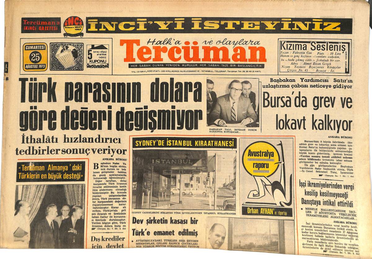 Tercüman Gazetesi 25 Ağustos 1973 - Bursa'da Grev Ve Lovakt Kalkıyor! - Zeki Tükel Dün Toprağa Verildi! GZ145005 - 1