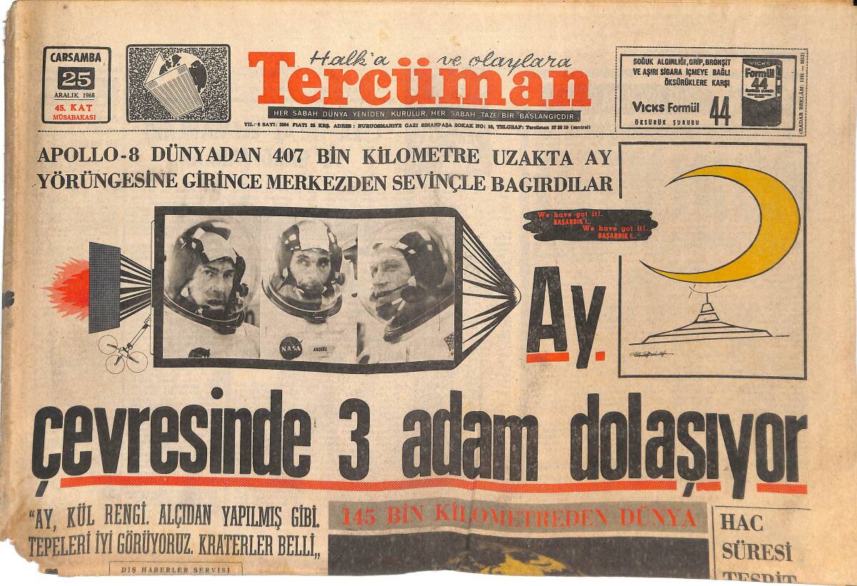 Tercüman Gazetesi 25 Aralık 1968 - Ay Çevresinde 3 Adam Dolaşıyor - Başbakan Demirel Pakistan'a Gitti GZ144762 - 1