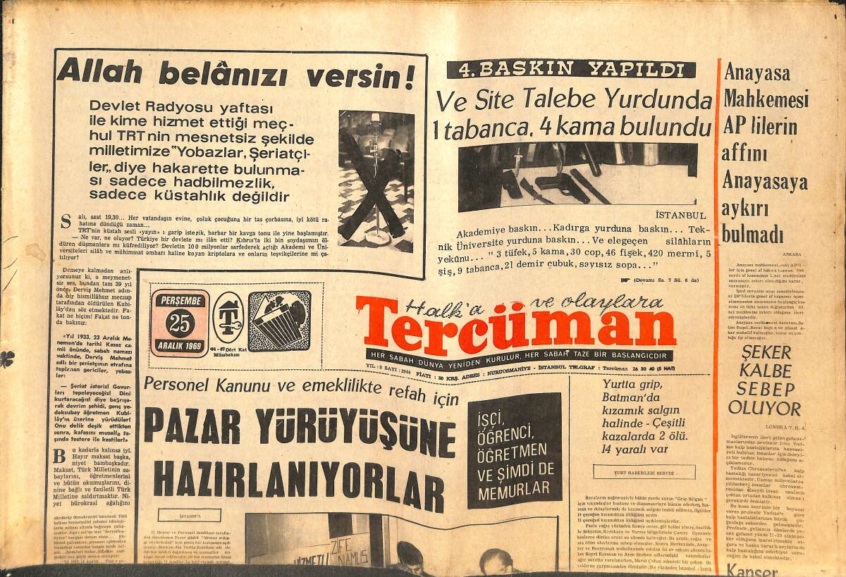 Tercüman Gazetesi 25 Aralık 1969 - Ankara'da Altı Polis Lâğvediliyor - Şeker Kalbe Sebep Oluyor GZ144231 - 1