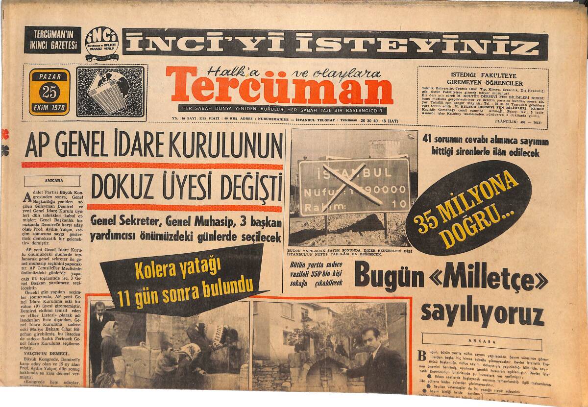 Tercüman Gazetesi 25 Ekim 1970 - AP Genel İdare Kurulunun Dokuz Üyesi Değişti! - Kolera Yatağı 11 Gün Sonra Bulundu! GZ144968 - 1