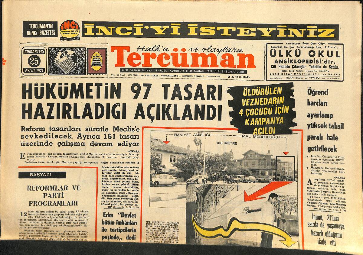 Tercüman Gazetesi 25 Eylül 1971 - Ulvi Yenal Emekliliğini İstedi - Hükümetin 97 Tasarı Hazırladığı Açıklandı GZ141158 - 1