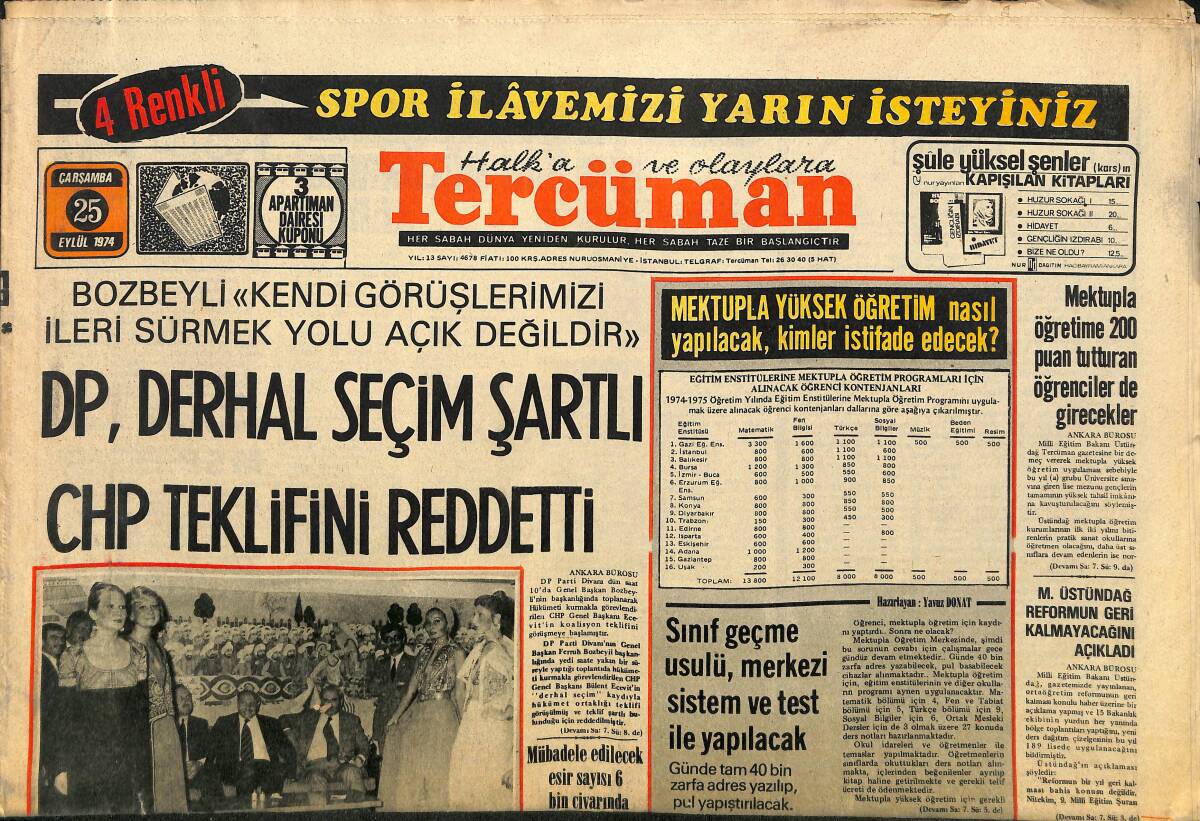 Tercüman Gazetesi 25 Eylül 1974 - Devriye Polis Sistemi Yeniden Kuruluyor - DP , Derhal Seçim Şartlı CHP Teklifini Reddetti GZ141504 - 1