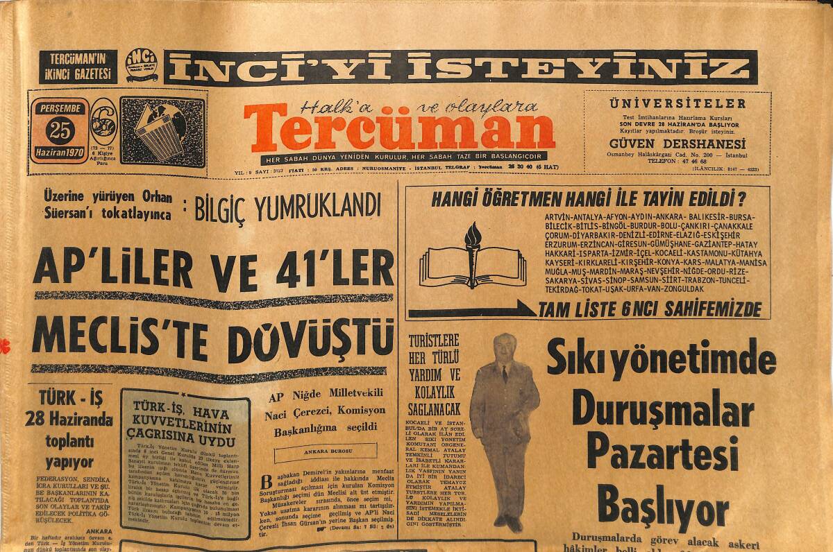 Tercüman Gazetesi 25 Haziran 1970 - Hangi Öğretmen Hangi İle Tayin Edildi - Ecevit 