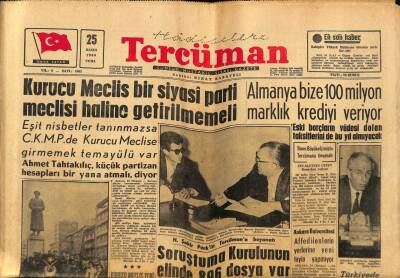 Tercüman Gazetesi 25 Kasım 1960 - Almanya Bize 100 Milyon Marklık Krediyi Veriyor GZ67213 - 2