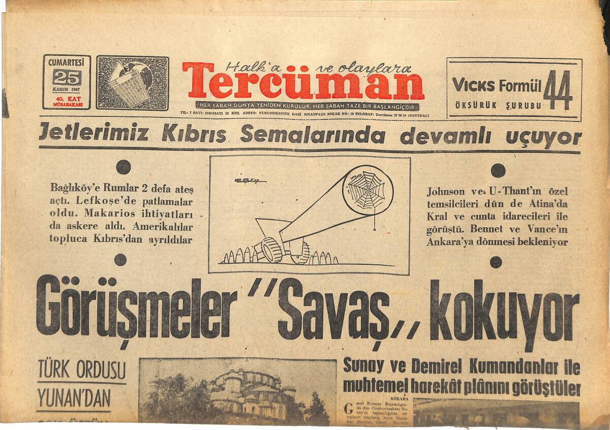 Tercüman Gazetesi 25 Kasım 1967 - Jetlerimiz Kıbrıs Semalarında Devamlı Uçuyor - Türk Ordusu Yunan'dan Çok Üstün GZ145150 - 1