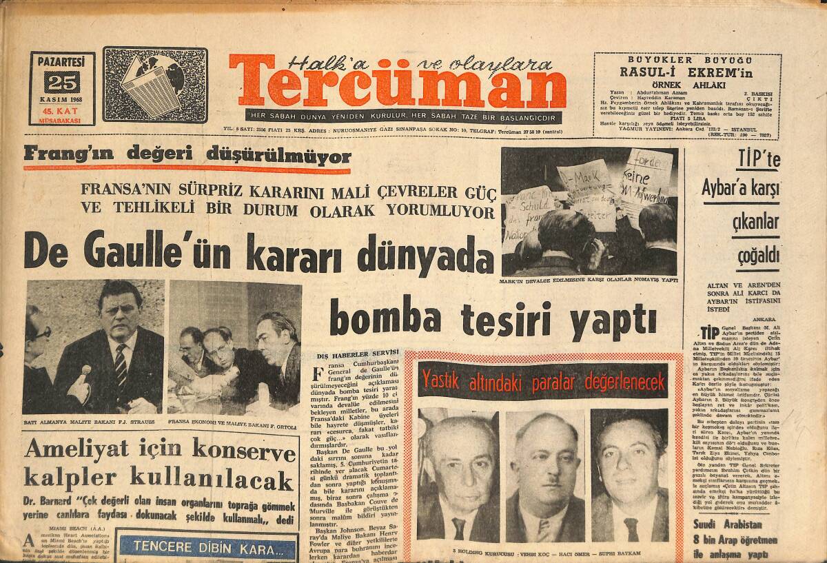 Tercüman Gazetesi 25 Kasım 1968 - De Gaulle'nin Kararı Dünyada Bomba Tesiri Yaptı - G. Birliği Yine Dur Dedi! GZ145792 - 1