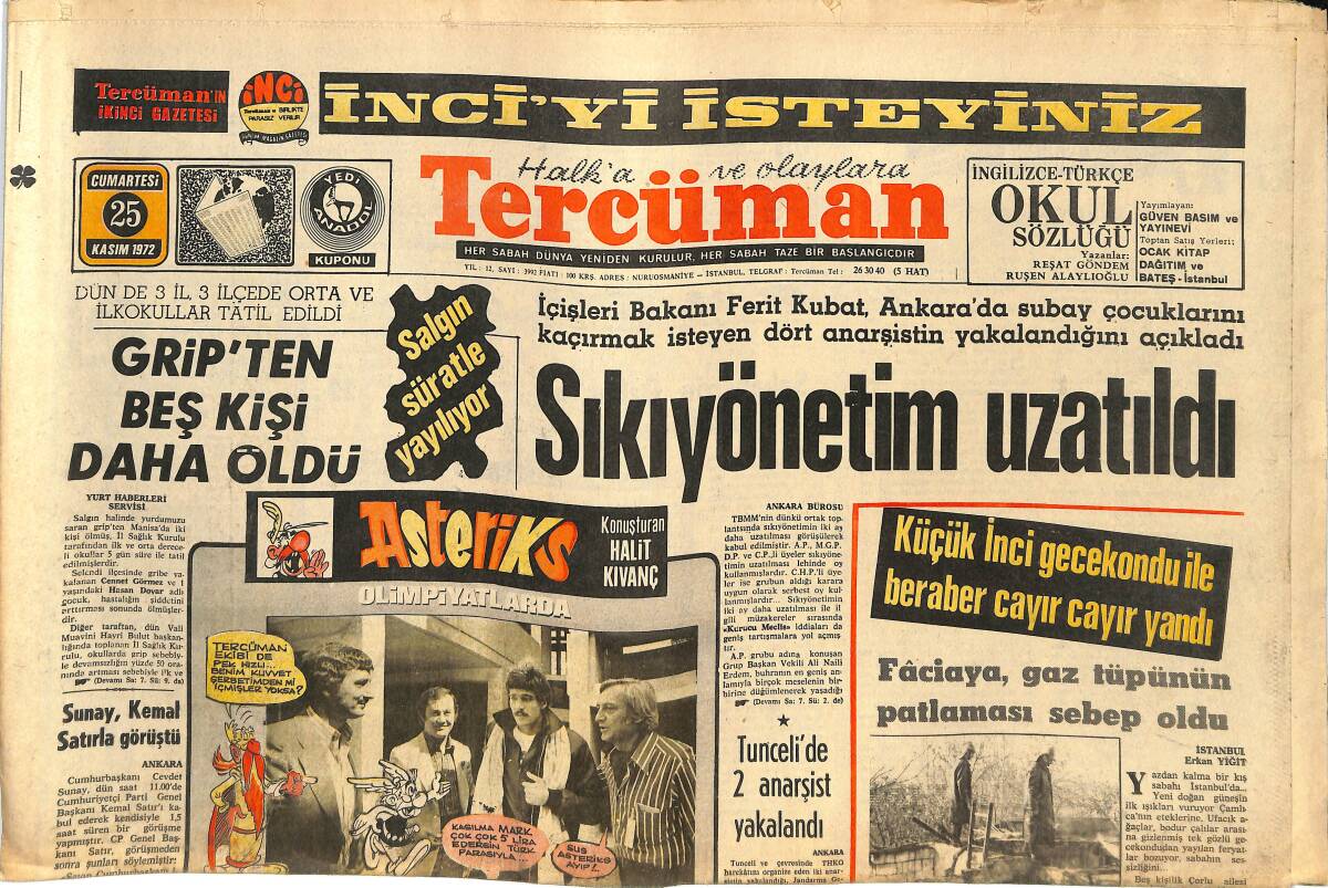 Tercüman Gazetesi 25 Kasım 1972 - Eskişehir Galatasaray'a Karşı Ünvanını Koruyor - Çorum'da Bir Ayıboğan Bulduk GZ144653 - 1