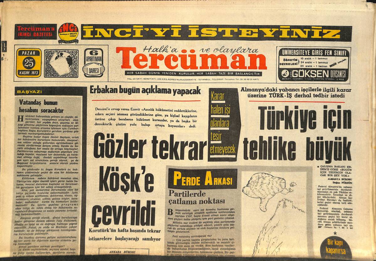 Tercüman Gazetesi 25 Kasım 1973 - Türkiye İçin Tehlike Büyük - Amerikalı Bir Manken Dünya Güzeli Seçildi - Petrol Bunalımı GZ145560 - 1