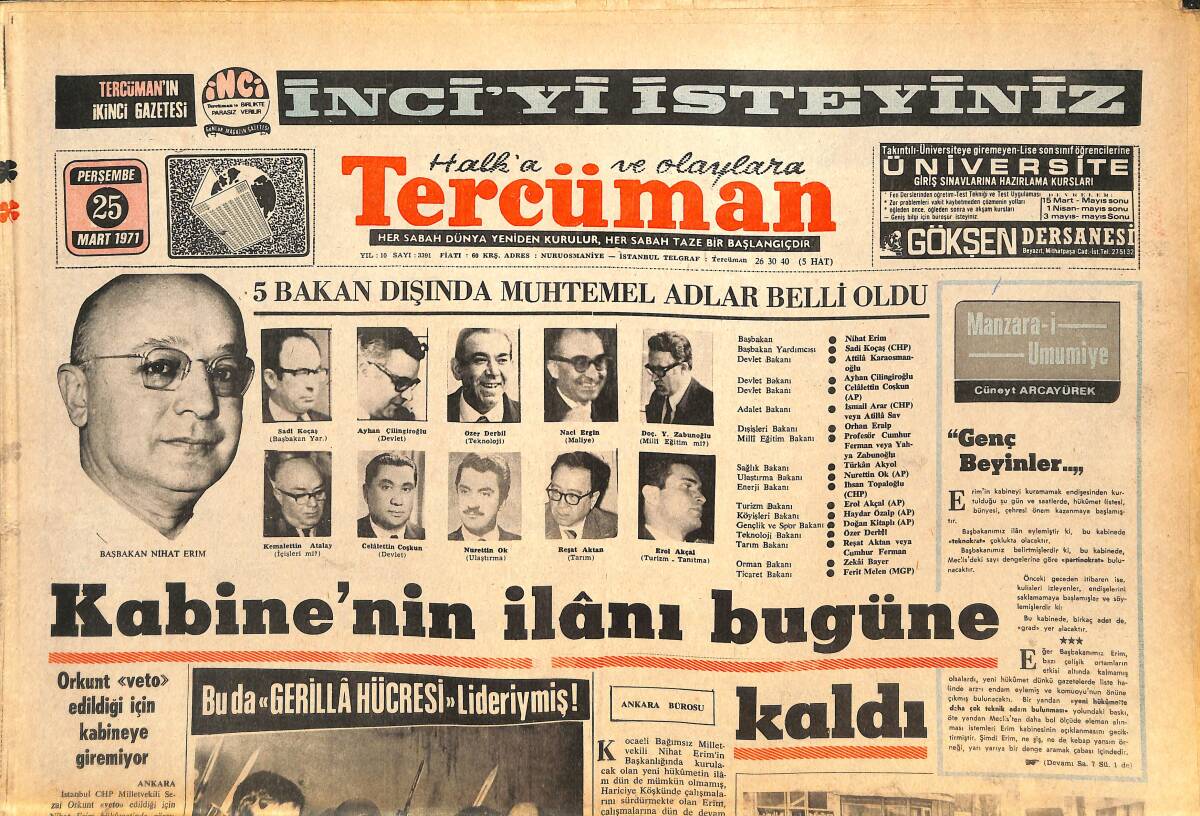 Tercüman Gazetesi 25 Mart 1971 - Hüseyin İnan Ve M. Nakiboğlu'nun Başında Dörder Kişilik Ekipler Bekliyor - Fraizer'in Hali GZ144595 - 1