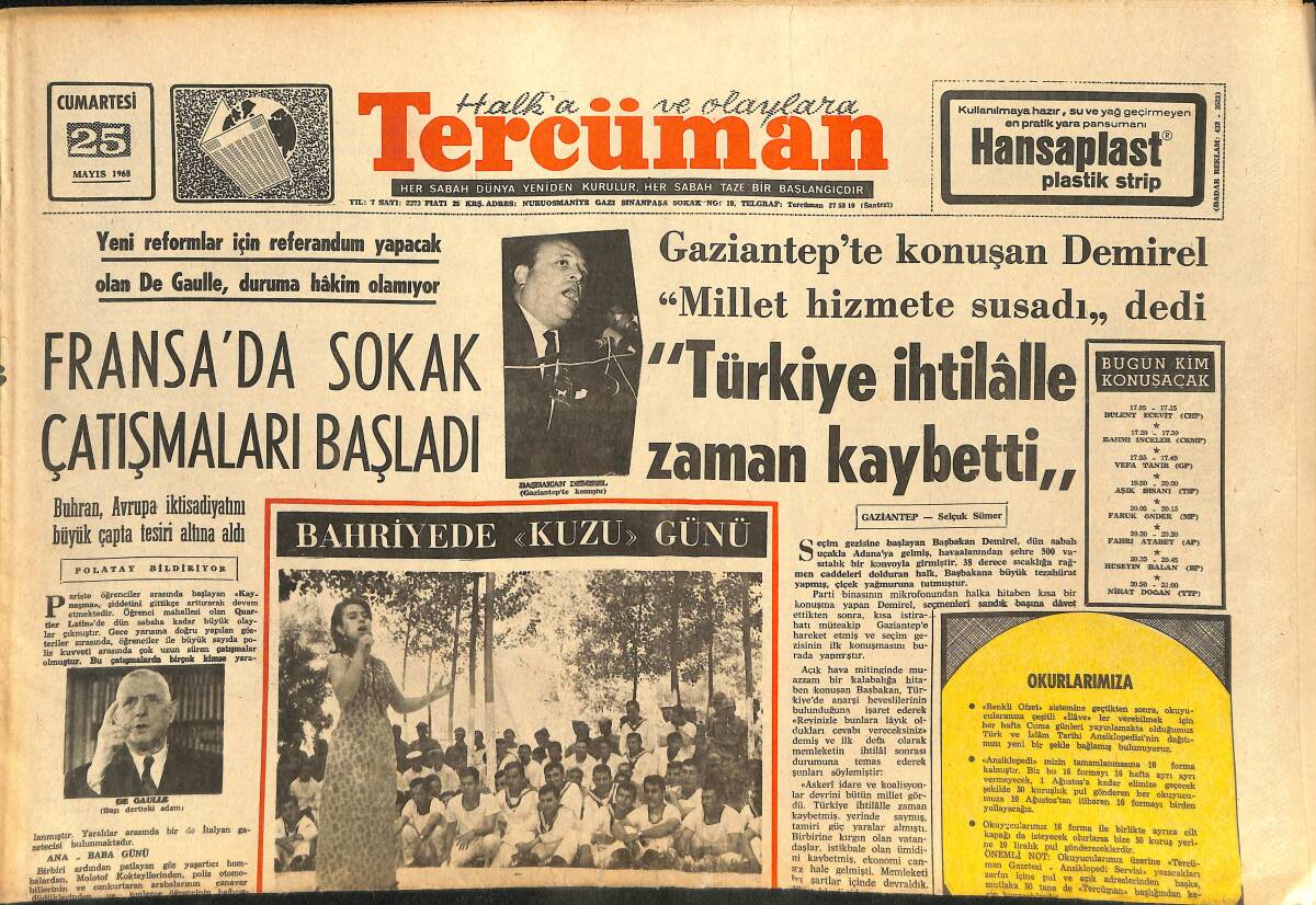 Tercüman Gazetesi 25 Mayıs 1968 - Süleyman Demirel: Türkiye İhtilalle Zaman Kaybetti - Fatma Girik Afiş GZ145700 - 1