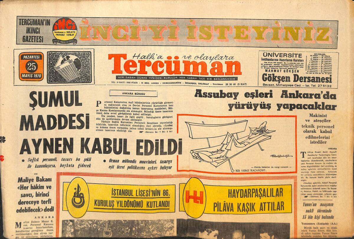 Tercüman Gazetesi 25 Mayıs 1970 - Şumul Maddesi Aynen Kabul Edildi - Astsubay Eşleri Ankara'da Yürüyüş Yapacaklar! GZ145978 - 1