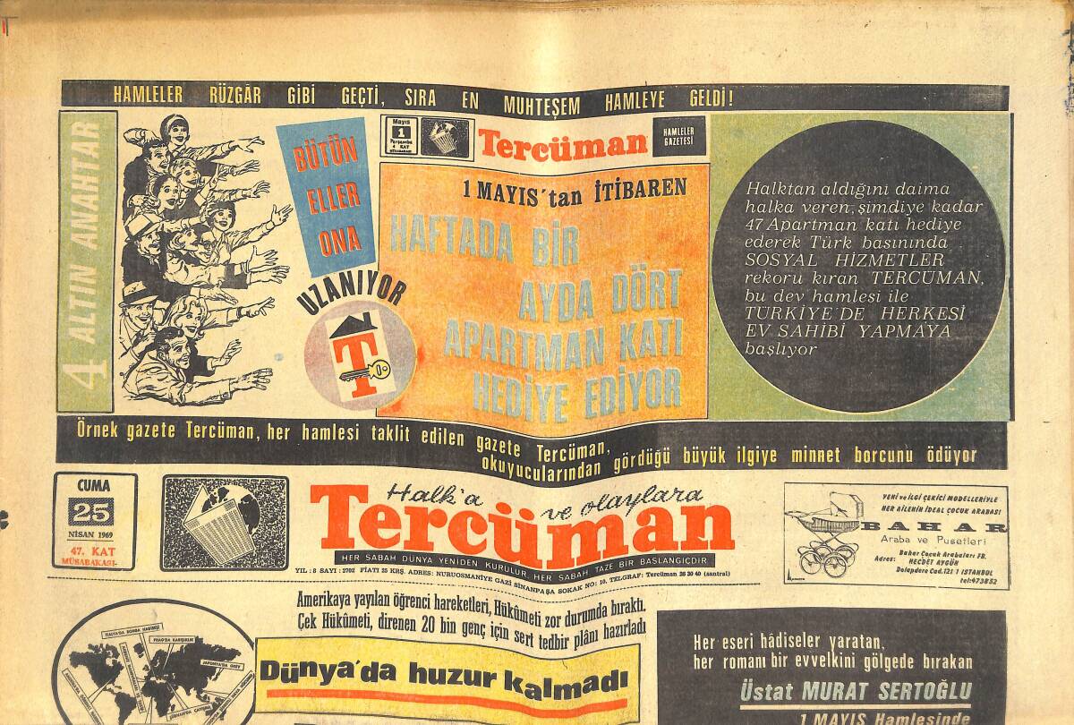 Tercüman Gazetesi 25 Nisan 1969 - Fenerbahçe Beşiktaş'ı Gözüne Kestirdi - Dünya'da Huzur Kalmadı, Dört Bir Yanda Bomba Patlıyor GZ144309 - 1