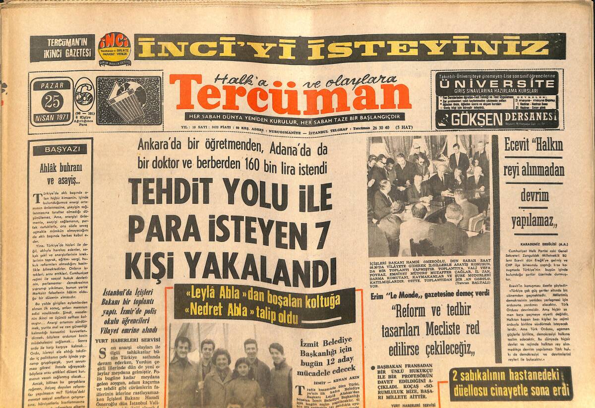 Tercüman Gazetesi 25 Nisan 1971 - Ecevit Halkın Reyi Alınmadan Devrim Yapılamaz - Ruslar Mal Karşılığı Uçak Vermek İstiyor GZ141766 - 1