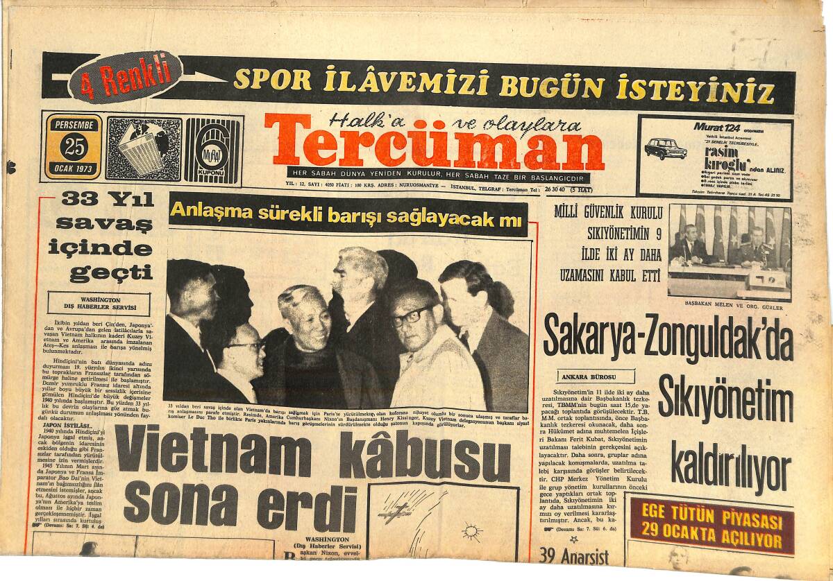 Tercüman Gazetesi 25 Ocak 1973 - Vietnam Kabusu Sona Erdi - Sakarya -Zonguldak'da Sıkıyönetim Kaldırılıyor! GZ144687 - 1