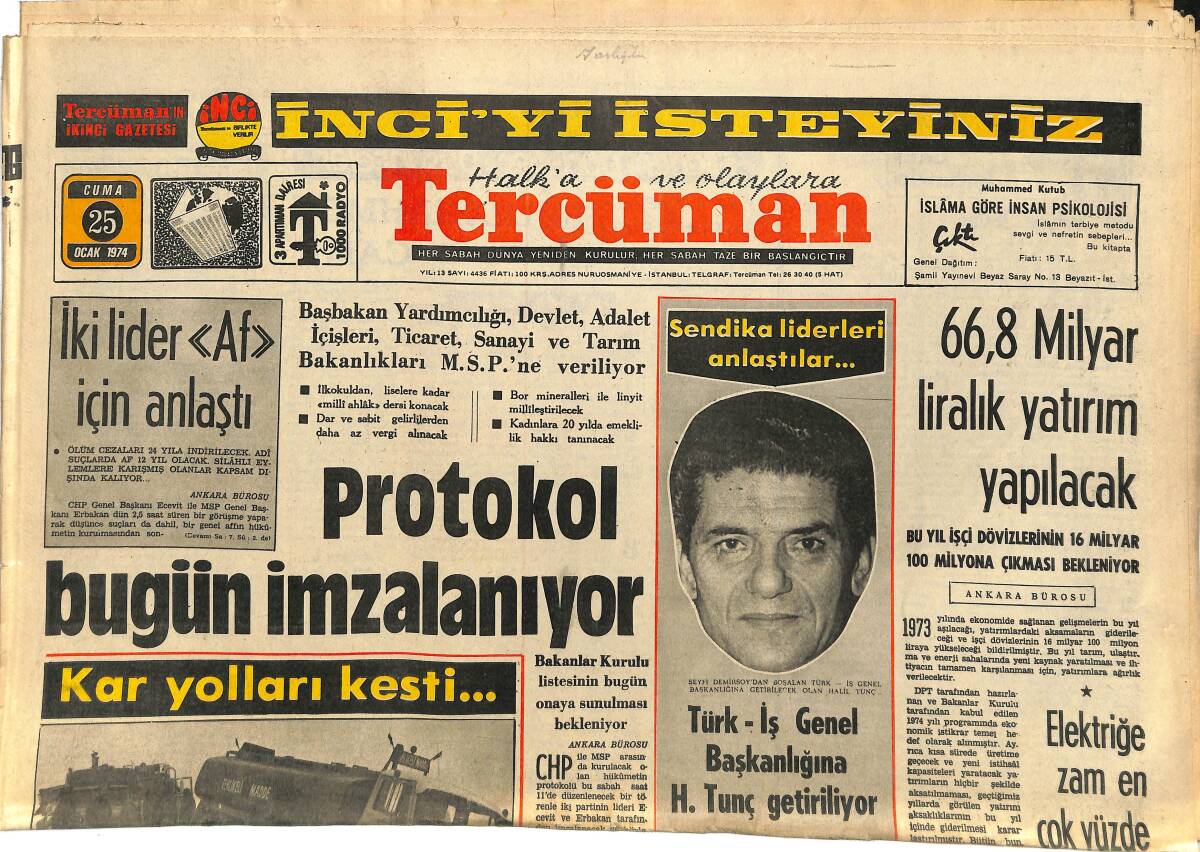 Tercüman Gazetesi 25 Ocak 1974 - Protokol Bugün İmzalanıyor - Konya Ovasında Petrol Aranıyor GZ145143 - 1
