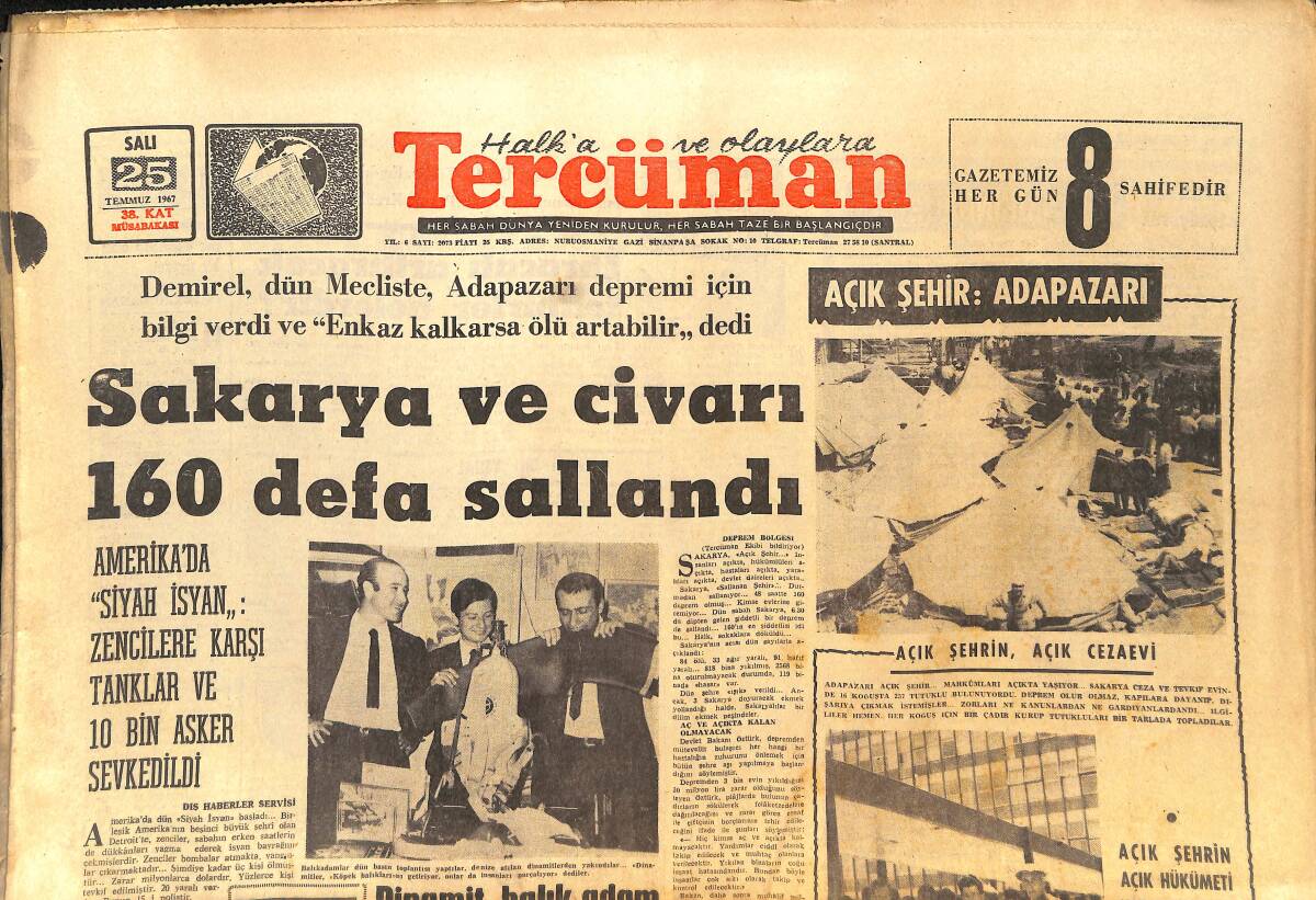 Tercüman Gazetesi 25 Temmuz 1967 - Sakarya Ve Civarı 160 Defa Sallandı - Amerika'da Siyah İsyan: Zencilere Karşı Tanklar Ve 10 Bin Asker Sevkedildi GZ145323 - 1