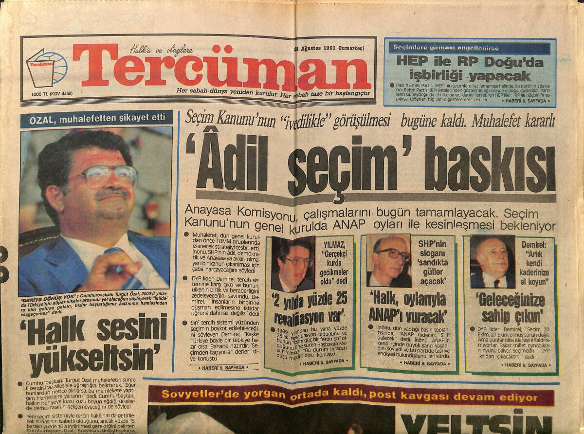 Tercüman Gazetesi 26 Ağustos 1991 - Sovyetler'de Yorgan Ortada Kaldı, Post Kavgası Devam Ediyor - Özal Ailesi Aday Değil GZ150197 - 1