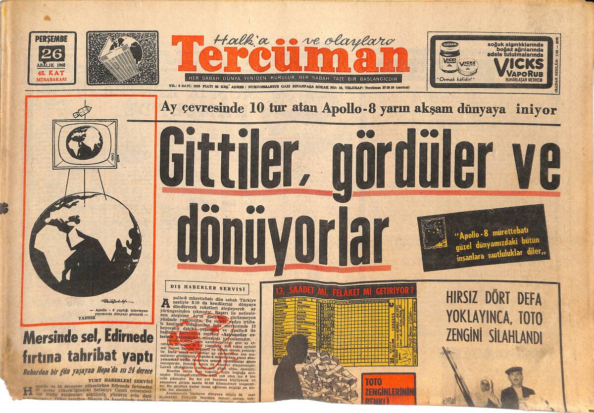 Tercüman Gazetesi 26 Aralık 1968 - Aruoba Hatıralarını Anlatacak - Mersin'de Sel , Edirne'de Fırtına Tahribat Yaptı GZ144763 - 1