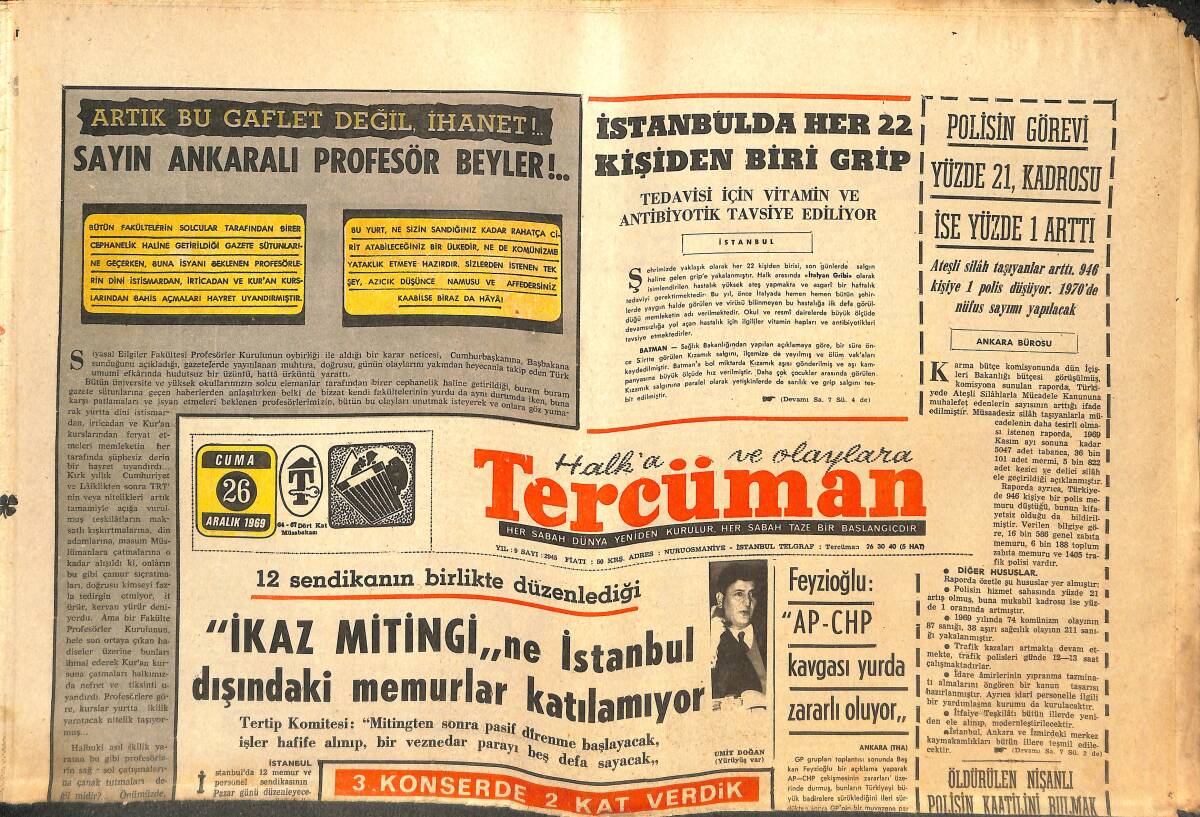 Tercüman Gazetesi 26 Aralık 1969 - Bitlis'te Deprem - İstanbul'da Her 22 Kişiden Biri Grip GZ144232 - 1