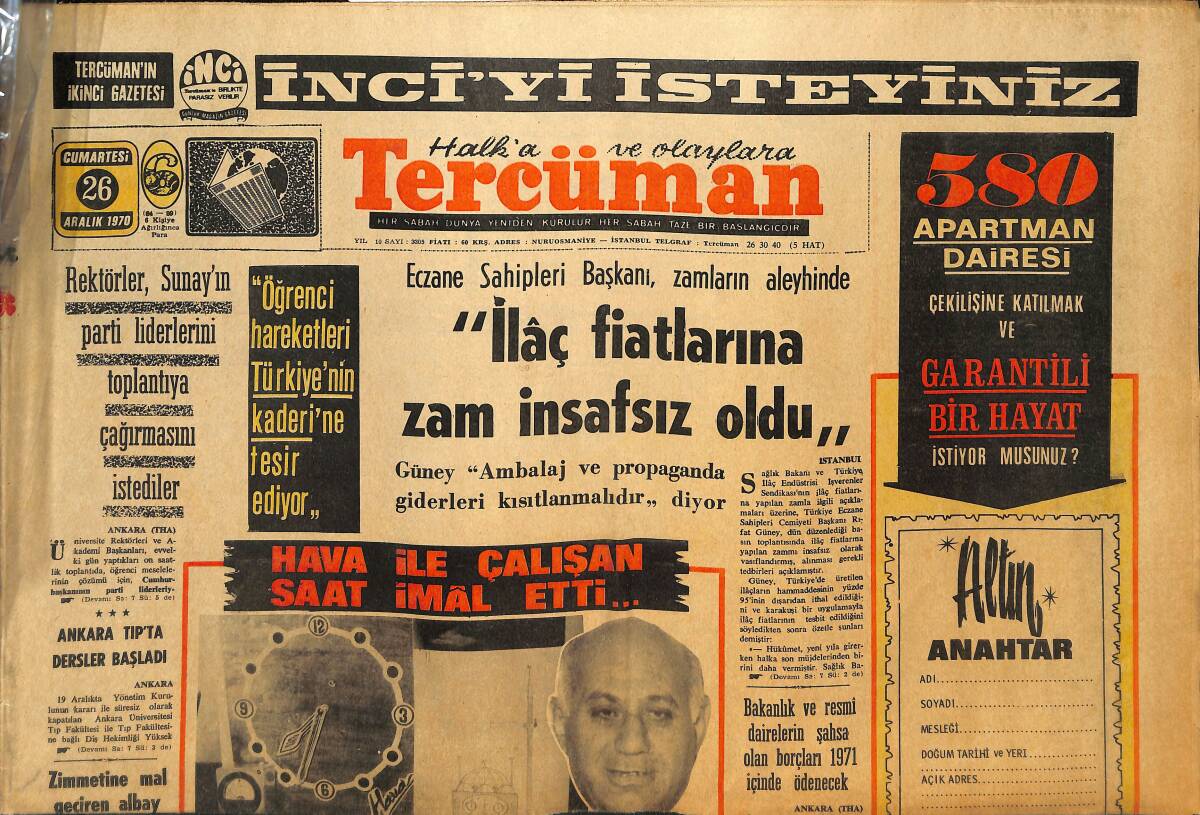 Tercüman Gazetesi 26 Aralık 1970 - İlaç Fiyatlarına Zam İnsafsız Oldu - Atatürk Koşusunda Şampiyon Suvar Kardeşler Kapışacak! GZ145838 - 1