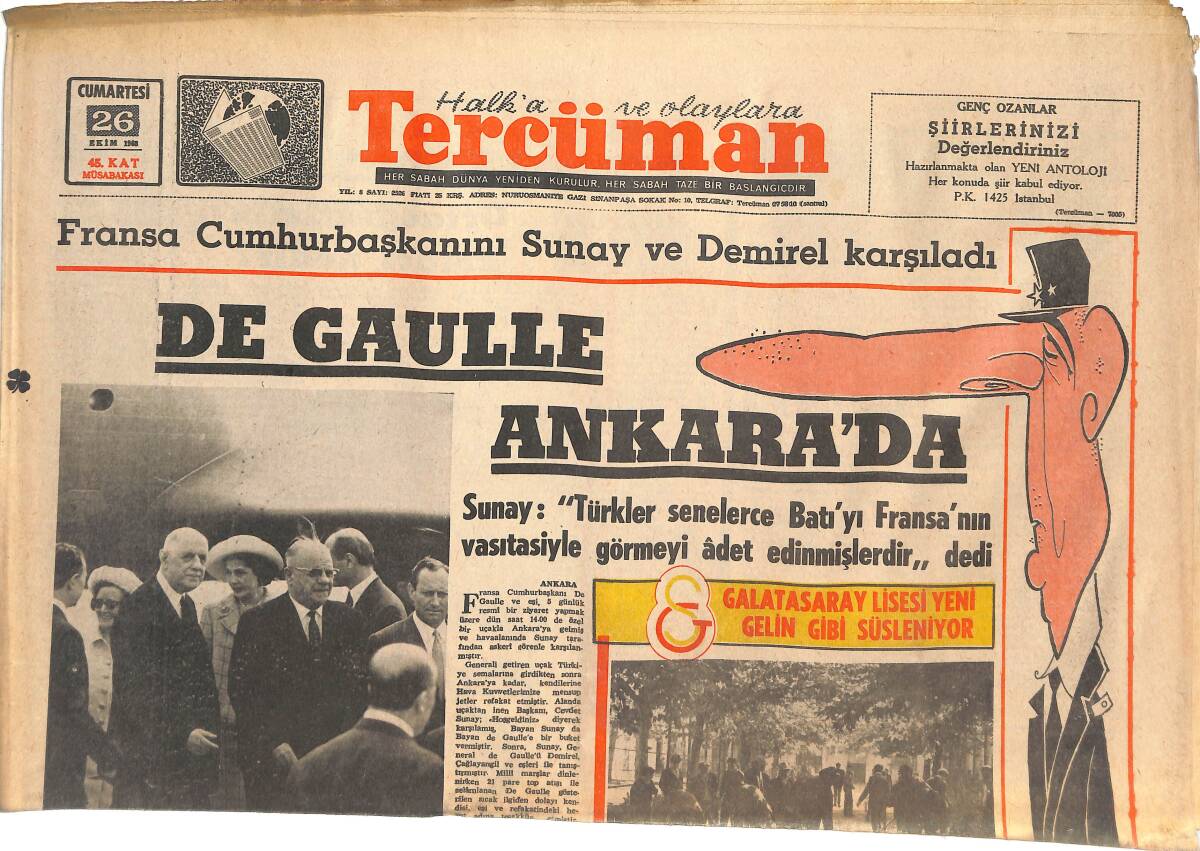 Tercüman Gazetesi 26 Ekim 1968 - De Gaulle Ankara'da - Kazım Ayvaz'ın Durumu Tehlikeli - Beşiktaş, Altay İçin İzmir'e Çekinerek Gitti! GZ145165 - 1