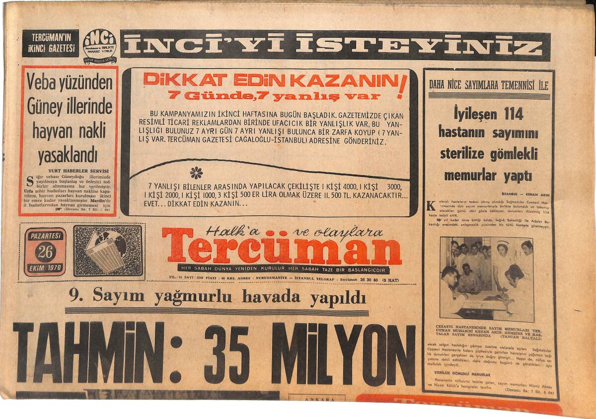 Tercüman Gazetesi 26 Ekim 1970 - İstanbul En Pis Gününü Yaşadı - Atom Denizaltıları Sovyet Rusya'yı Böyle Parselledi! GZ144969 - 1