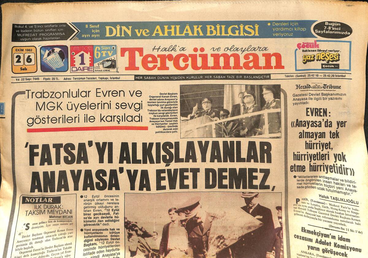 Tercüman Gazetesi 26 Ekim 1982 - Trabzon'da Evren Sıcak Karşılandı - Arnavutluk'tan Çekinmiyoruz GZ133414 - 1
