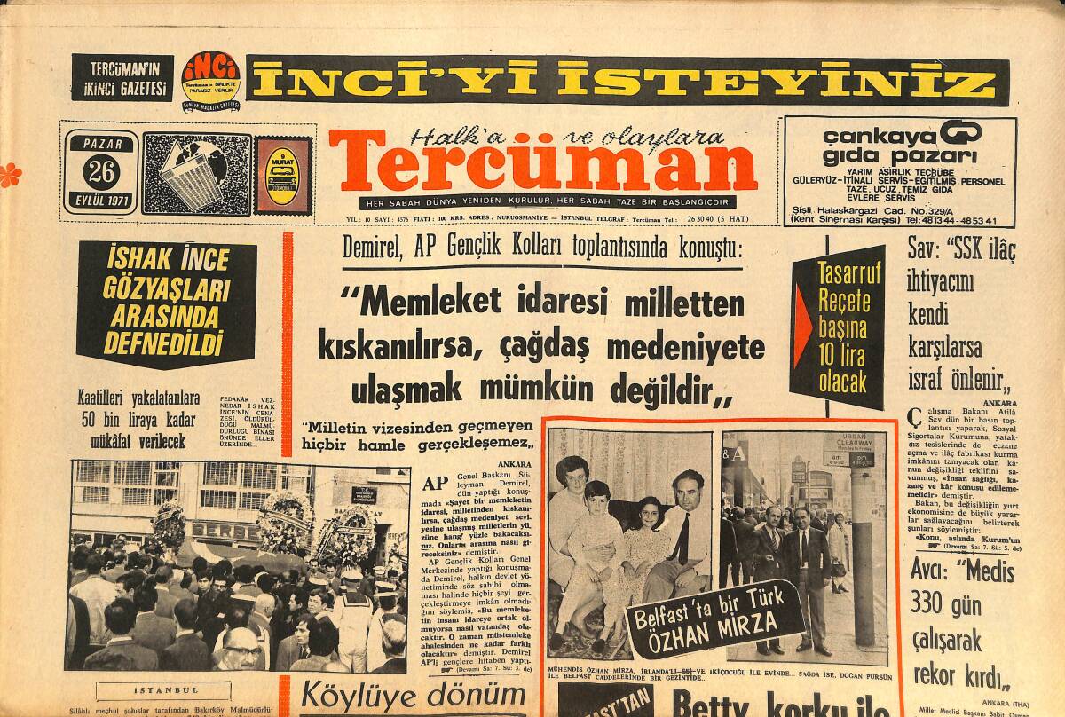 Tercüman Gazetesi 26 Eylül 1971 - Patlamalar Belfast'tan Londra'ya Sıçradı - Meksika'da Devlet 1373 Çifti Evlendirdi GZ145514 - 1