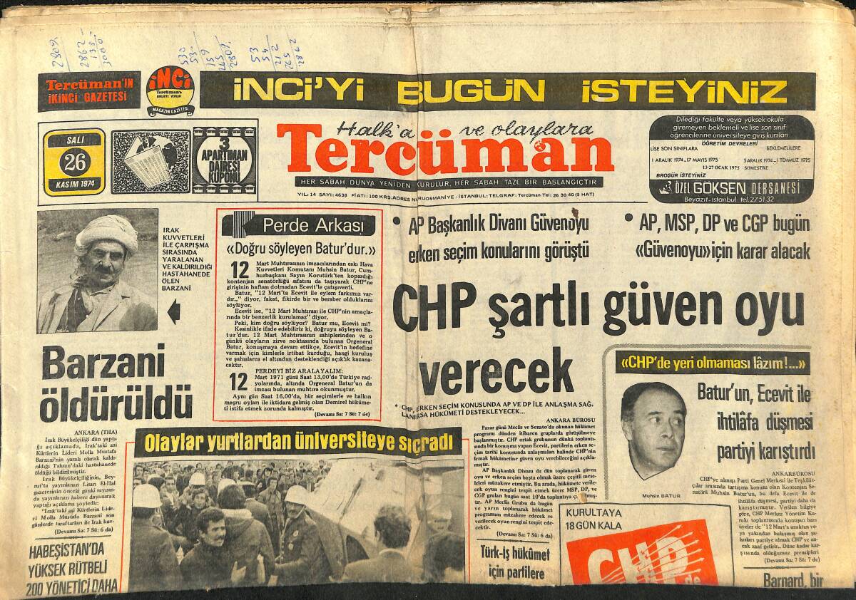 Tercüman Gazetesi 26 Kasım 1974 - Barzani Öldürüldü - Cruyff Ve Neeskens'li Barcelona'yı, Espanyol Delik Deşik Etti 5-2 GZ145894 - 1