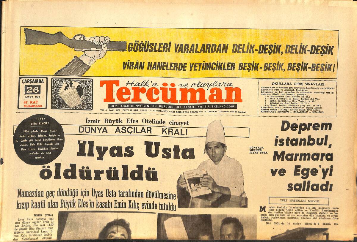 Tercüman Gazetesi 26 Mart 1969 - Dünya Aşçılar Kralı İlyas Usta Öldürüldü - Fazilet Selvi'nin İntikamı GZ145346 - 1
