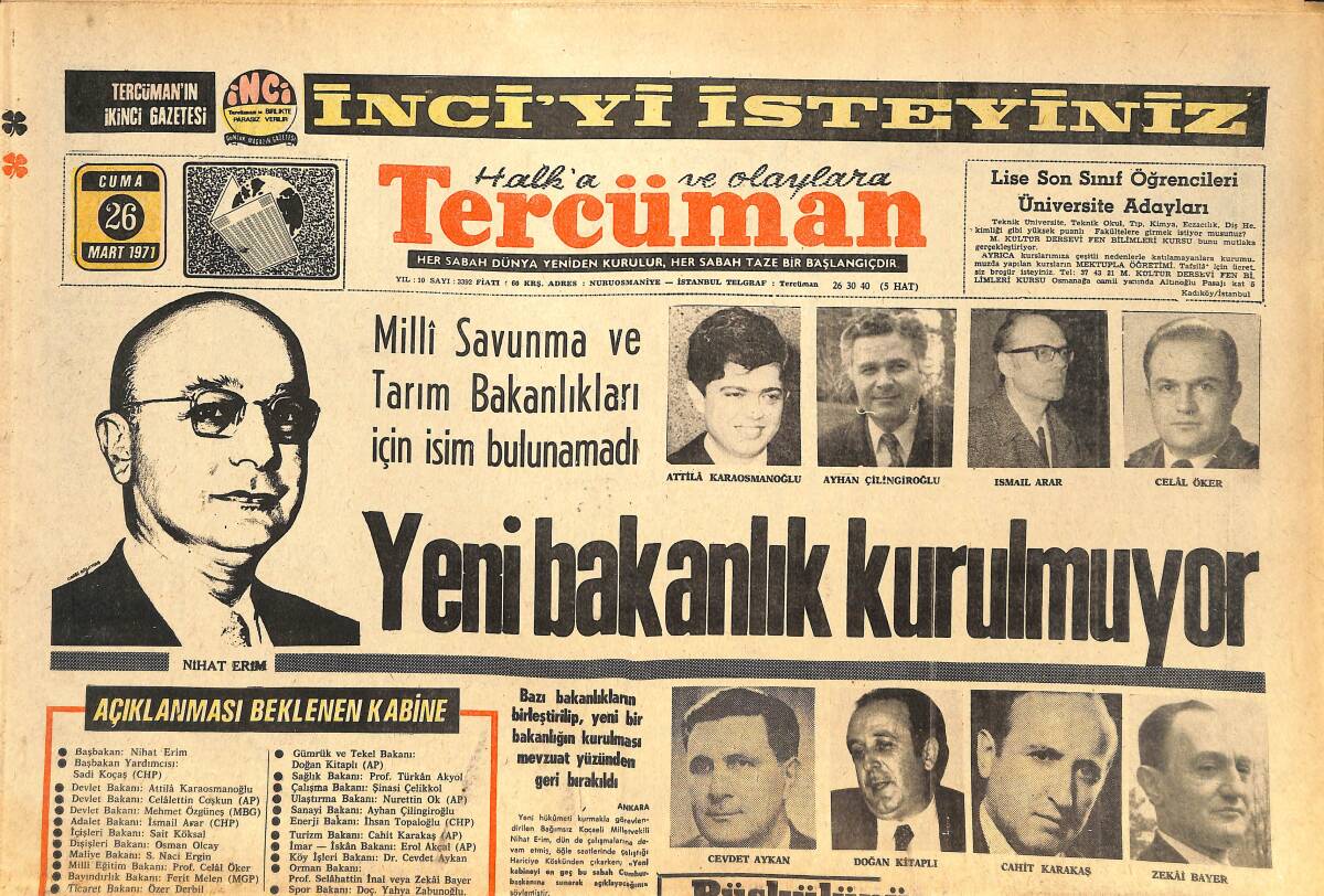Tercüman Gazetesi 26 Mart 1971 - Deniz Gezmiş İçin İlk Dava İdam Talebi İle Açıldı GZ144594 - 1