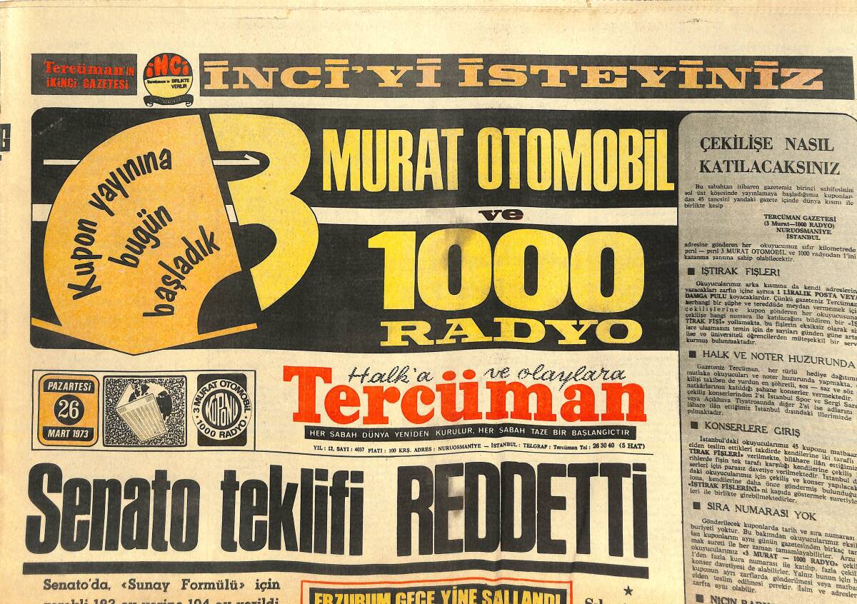 Tercüman Gazetesi 26 Mart 1973 - Senato Teklifi Reddetti! - Beşiktaş Beraberlik Geleneğini Bozmadı! GZ144700 - 1