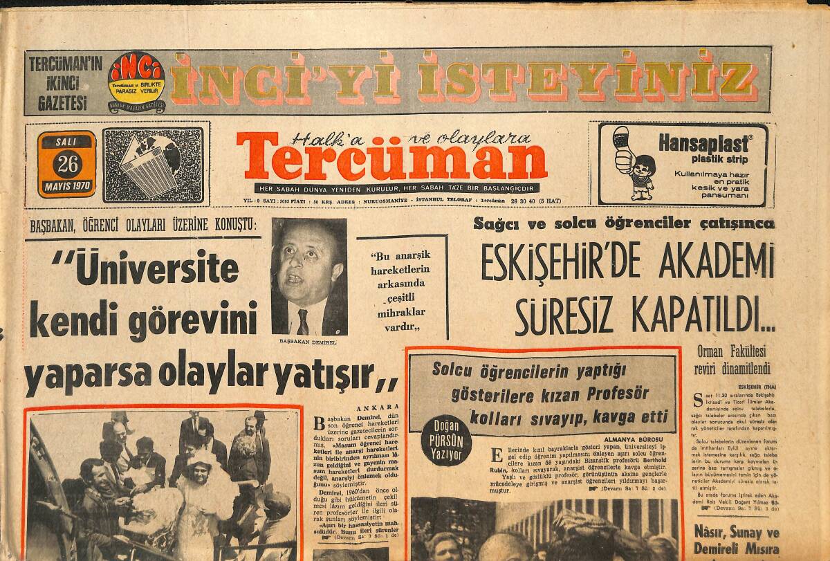 Tercüman Gazetesi 26 Mayıs 1970 - Demirel: Üniversite Kendi Görevini Yaparsa Olaylar Yatışır - Eskişehir'de Akademi Süresiz Kapatıldı GZ145977 - 1