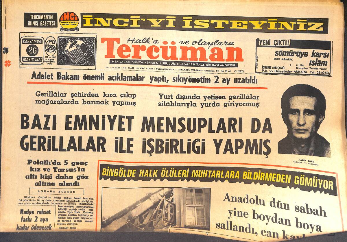 Tercüman Gazetesi 26 Mayıs 1971 - Bazı Emniyet Mensupları Da Gerillalar İle İşbirliği Yapmış - Kara Hasan'ın Hikayesi GZ144403 - 1
