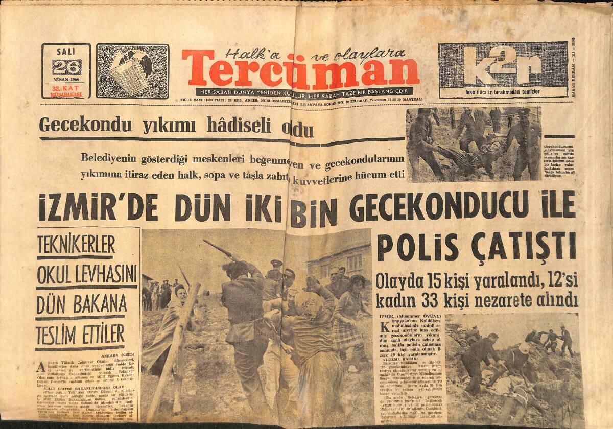 Tercüman Gazetesi 26 Nisan 1966 - Bayburt'ta, Otel Dükkanlar ve Halkevi Yandı - Lastik İşçileri Grevi Başlıyor GZ159111 - 1