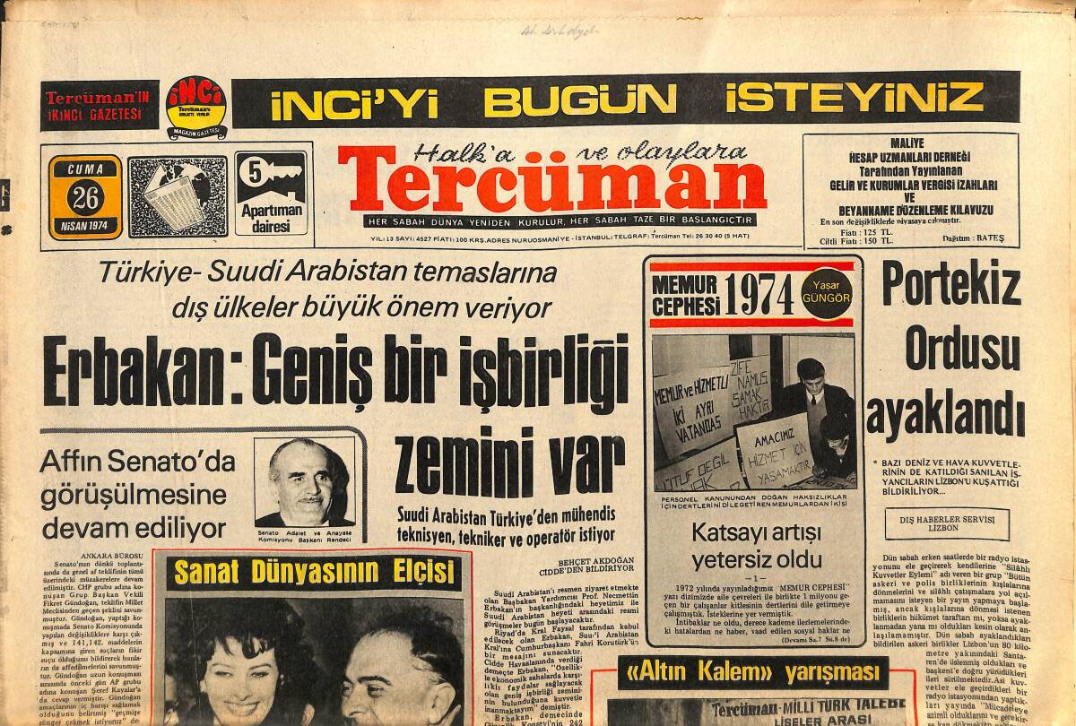 Tercüman Gazetesi 26 Nisan 1974 - Portekiz Ordusu Ayaklandı - Sophia Loren Ankara'da GZ141130 - 1