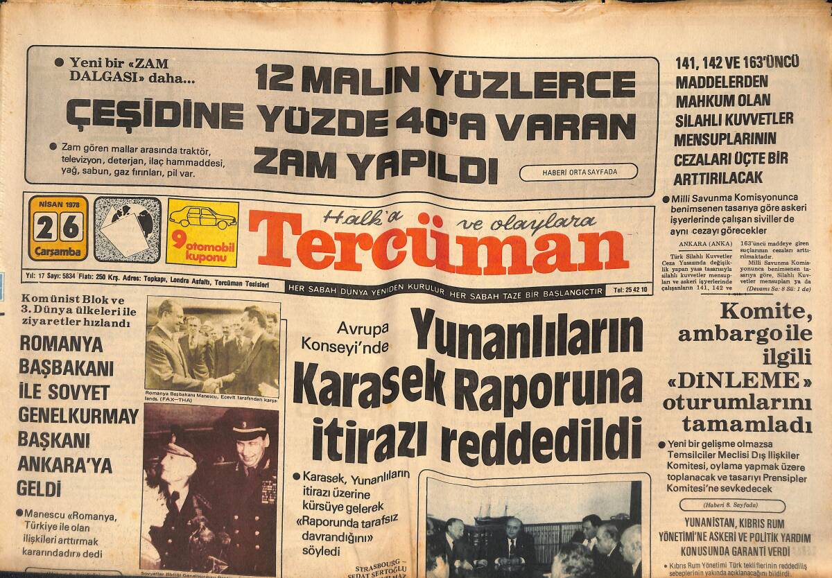 Tercüman Gazetesi 26 Nisan 1978 - THY Grevini Erteleme Kararı Bu Gece Yarısı Yürürlüğe Giriyor - Yunanlıların Karasek Raporuna İtirazı Reddedildi GZ134432 - 1