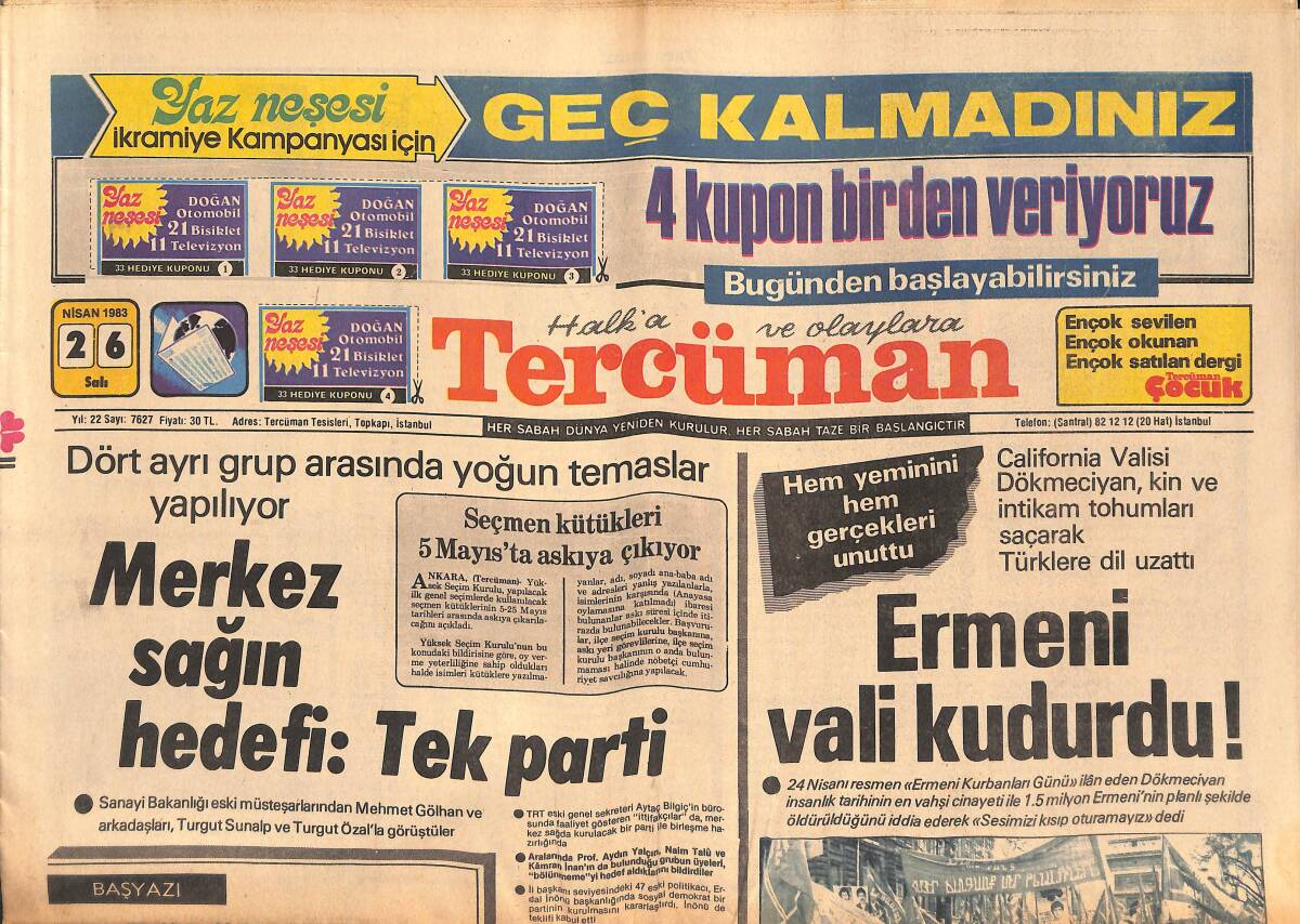 Tercüman Gazetesi 26 Nisan 1983 - Kral Fahd , Evren'i Ülkesine Davet Etti - Yunanistan , Burt İle Yapılacak Görüşmeleri İptal Etti GZ134461 - 1